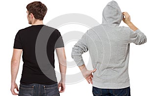 T shirt and sweatshirt template. Men in black tshirt and in grey hoody. Back rear view. Mock up isolated on white background. Copy