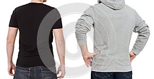 T shirt and sweatshirt template. Men in black tshirt and in grey hoody. Back rear view. Mock up isolated on white background. Copy