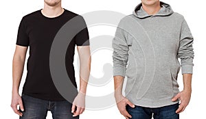 T shirt and sweatshirt template. Men in black tshirt and in grey hoody. Front view. Mock up isolated on white background. Copy