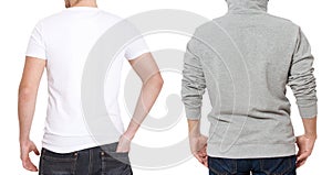 T shirt and sweatshirt template. Men in white tshirt and in grey hoody. Back rear view. Mock up isolated on white background. Copy