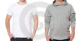 T shirt and sweatshirt template. Men in white tshirt and in grey hoody. Front view. Mock up isolated on white background. Copy