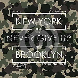 T-shirt typography with camouflage texture. New York, Brooklyn military design for tee shirt. Vector