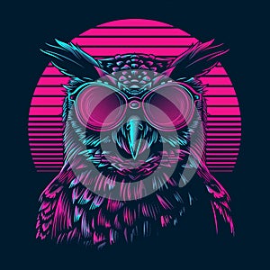 t-shirt vector, 80s retrowave owl with glasses, vivid, pink and