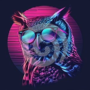 t-shirt vector, 80s retrowave owl with glasses, vivid, pink and