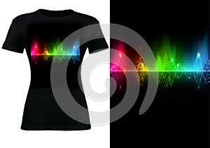 Black T-shirt Design with Abstract Colorful Sound Wave