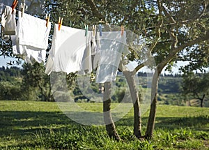 T-shirts and other laundry drying on a clothesline