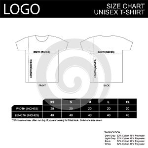 T-shirts size guide of unisex short sleeve sizing chart Table size Front and back views Vector illustration