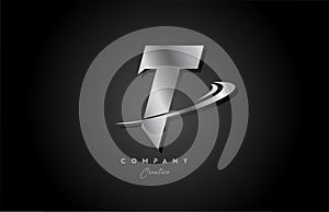 T silver metal grey alphabet letter logo icon design with swoosh. Creative template for company and business