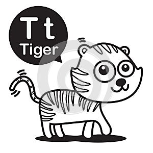 T Tiger cartoon and alphabet for children to learning and coloring page vector illustration eps10