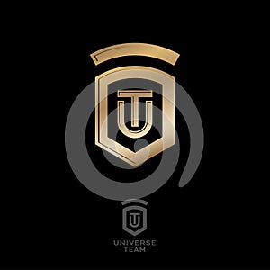 T and U monogram in a heraldic shield. Team of University emblem. Sport team logo.