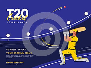T20 Cricket Fever Is Back Concept With Cartoon Batsman Player Hitting Ball On Blue
