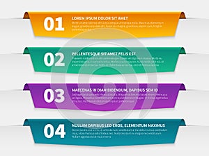 Tabbed labels. Color infographic banners leaflet template, infographics numbered ribbon tags with text. 3d info report