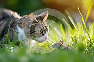 A tabby brown domestic cat sits in the grass and hunts for a mouse. Pet