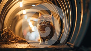 Tabby cat alone in underground tunnel hiding away, streetwise and independent in city - generative AI