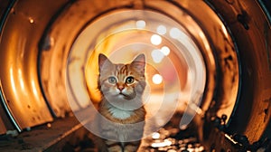 Tabby cat alone in underground tunnel hiding away, streetwise and independent in city - generative AI photo