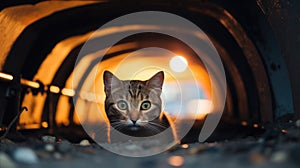 Tabby cat alone in underground tunnel hiding away, streetwise and independent in city - generative AI photo