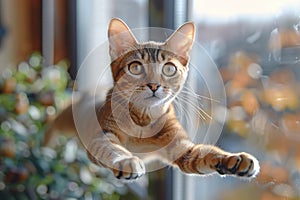 A tabby cat with an astonished expression appears to levitate.