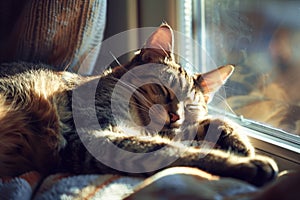 Tabby cat basking in sunlight by the window