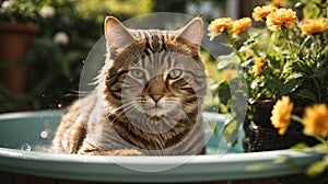 Tabby cat bathing in the sunny garden.