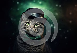 Tabby cat in black cylinder hat and green bow tie on dark emerald background. Funny serious pet