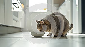 A tabby cat bows its head to feed from a bowl on a kitchen floor, with natural light.