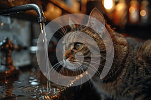 Tabby Cat Captivated by Dripping Faucet