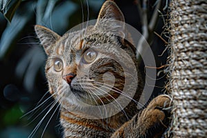 Tabby Cat Captivated by Outdoor View Near Scratching Post