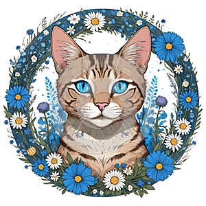 Tabby cat in circle of flowers