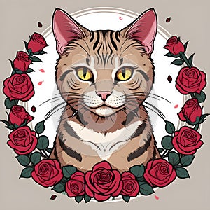 Tabby cat in circle of roses