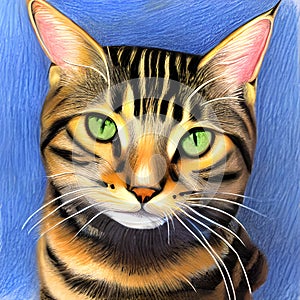 Tabby cat, detailed drawing of the head in the style of a crayon, colored sketch, ai Generated, generative AI, CGI graphics ai