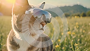 A tabby cat dons virtual reality glasses