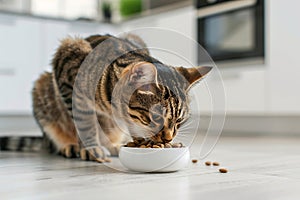 Tabby cat eating dry kibble food from pet bowl on kitchen floor