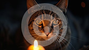 Tabby cat gazing intently by a candlelight