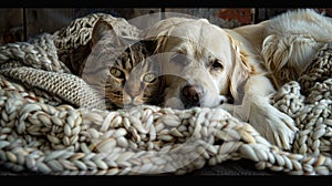 A tabby cat and a golden dog lying together under a chunky blanket.