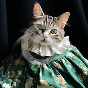 Tabby cat in green frilling dress, stylish animal posing as supermodel