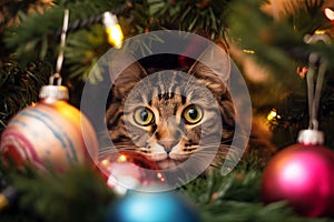 Tabby cat hiding in Christmas tree between colorful baubles
