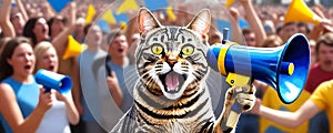 a tabby cat holding a red megaphone, crazy cat takes charge with megaphone