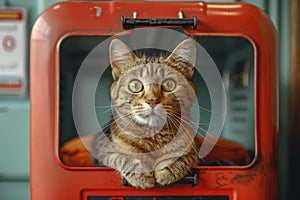Tabby Cat Inside Red Pet Carrier