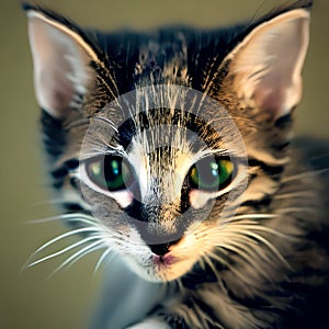 Tabby cat, kitten's head with wide eyes ai Generated, generative AI, CGI graphics