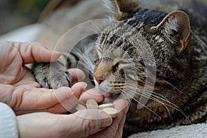 Tabby Cat Licking Vitamins from Hand