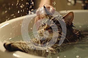 Tabby cat lounges in water, enjoying a relaxed bath time.