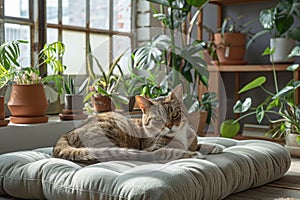 Tabby cat lounging on a cushion with indoor plants.