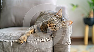 Tabby Cat Lounging on a Frayed Sofa. Generative ai