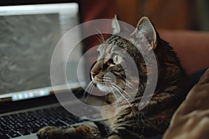Curious tabby cat using laptop computer at home