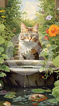 smooth painting style of a cat and a water feature in a pond, flower garden in background