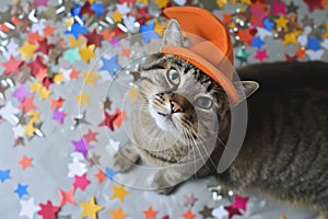 tabby cat with an orange hat amidst a scattering of paper stars