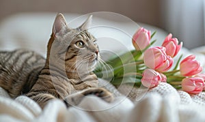 Tabby Cat with Pink Tulips on Cozy Blanket,creating a serene atmosphere,background, Generated AI