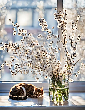 Tabby Cat With Pussywillow Bouquet