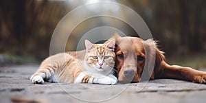 Tabby cat and red dog lying together on the ground. Banner with pets outdoors, copy space