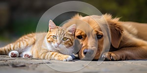 Tabby cat and red dog lying together on the ground. Banner with pets outdoors, copy space